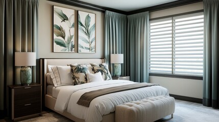 Fototapeta premium A fashionable bedroom complete with stunning drapery.