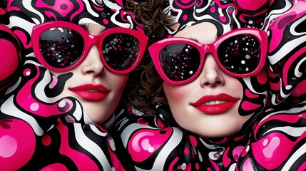 Fototapeta premium Two Women in Pink Sunglasses Surreal Abstract Pink Black Swirling Pattern