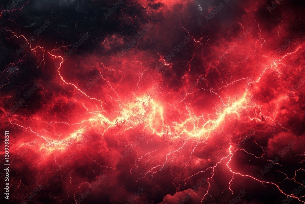 Poster chaotic energy erupts in vibrant red and black with striking lightning bolts generative ai