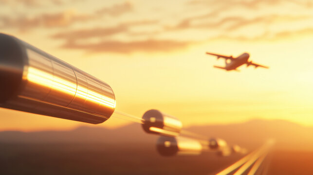 futuristic shipping hub with hyperloop cargo transport and airplane at sunset