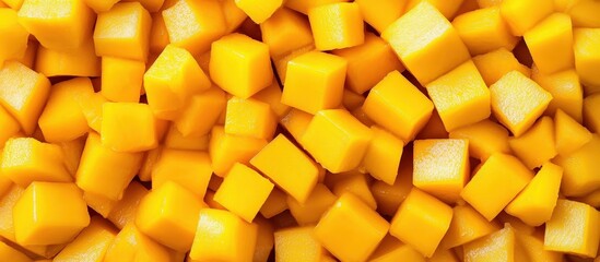 The texture of luscious mango cubes from above.