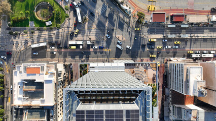 Fototapeta premium Aerial drone photo of recently renovated skyscraper in waterfront of port of Piraeus, Attica, Greece