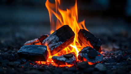 The rough, fragmented charcoal illuminated by the warm glow of flames at twilight's edge