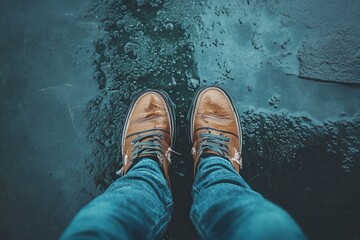 Brown leather shoes on wet pavement with water droplets reflecting light during a rainy day Generative AI