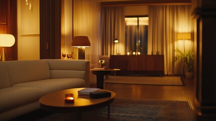 Stylish living room with white sofa, bright indoor plants and warm lighting