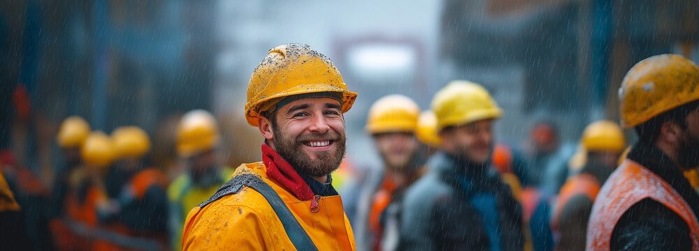 Construction workers continue to work in spite of the heavy rain. The staff still smiles in spite of their safety gear.