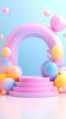 Pastel pink podium with colorful spheres.