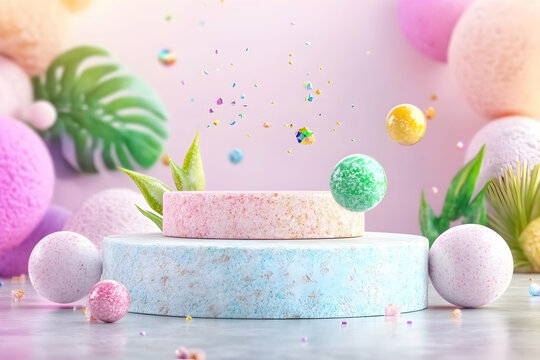 Pastel podium with floating spheres and tropical leaves.