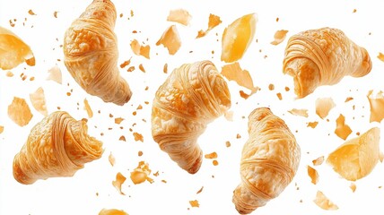 Fresh made butter breakfast croissants and crumbs falling flying isolated on white backdrop.