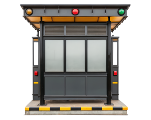 Security booth with traffic lights monitors entry on a transparent background