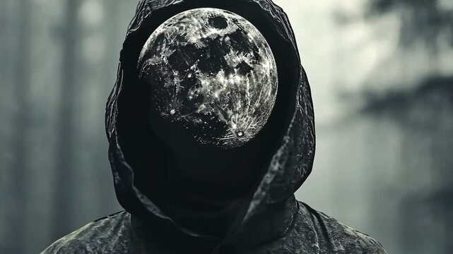 Mysterious figure wears a hood with a moon face in a dark forest at night, creating an eerie atmosphere