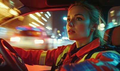 Paramedic drives ambulance to respond urgent call.