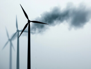 Wind turbines stand against smoky sky, highlighting energy contrasts