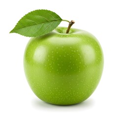 Fresh green apple with leaf isolated on white background. Perfect for healthy food, organic nutrition, and fruit concepts