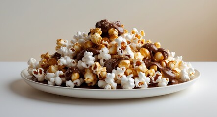 Delicious popcorn covered with chocolate and caramel topping on a white plate