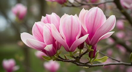 Blooming pink magnolia flowers on branch. Elegant floral background ideal for springtime, nature themes, and romantic designs