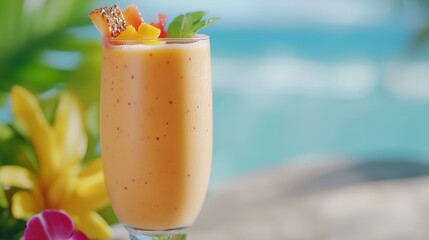 Refreshing Tropical Fruit Smoothie with Vibrant Colors and Beach Background