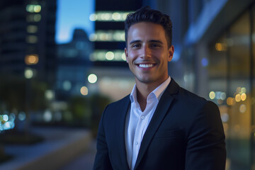 Fototapeta premium Young smiling businessman posing confidently, dressed in modern executive clothes, on a technological city background with an illuminated office building 