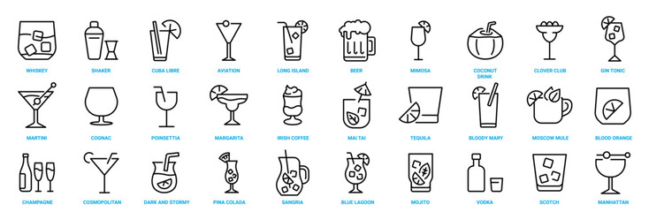 Beverage web line icons Set. Alcohol drinks icons. Beer, coffee, wine, cocktail, soda, bottle signs. Icons set for restaurant menu