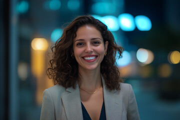 Obraz premium Young smiling businessman posing confidently, dressed in modern executive clothes, on a technological city background with an illuminated office building 