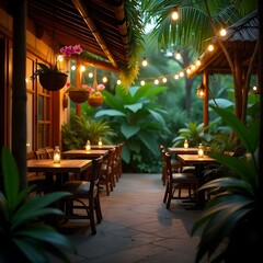 "A cozy outdoor café with tables surrounded by lush greenery, flowers in hanging baskets, and birds chirping."