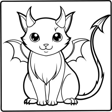 Cute devil cat, cartoon monster, black and white illustration, coloring page isolated on Transparent Background