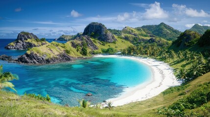 Fototapeta premium Tropical island bay, pristine white sand beach, turquoise water, lush green hills