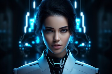 Obraz premium Stunning portrait of a confident girl with sharp features and realistic robotic enhancements