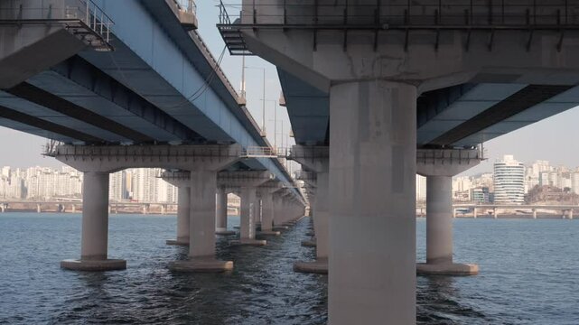 Boat Cruise on Seoul's Han River Passing Under Mapo Bridge: Urban Landscapes and Architectural Views