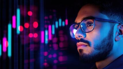 Active Investment Concept. A focused individual analyzes digital market trends, surrounded by vibrant graphs representing dynamic data fluctuations and financial opportunities.