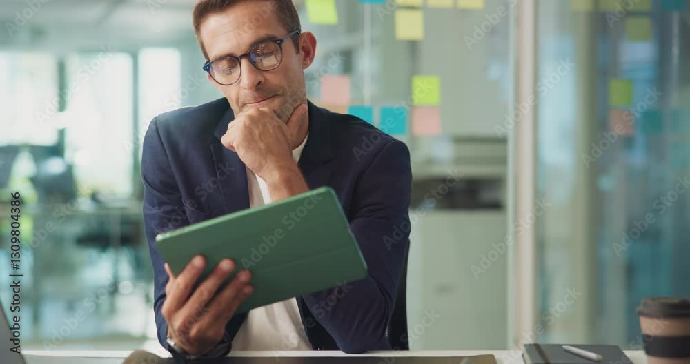 Poster tablet, thinking and business man problem solving, planning and reading email in office. idea, digit