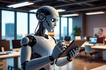 robot with a tablet in an office, humanoid Robot assistant analyzing data in modern office environment.	