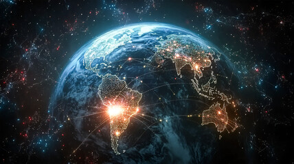 Obraz premium Global Network Connections Illuminating Earth's Cities at Night A Stunning Visual of Worldwide Interconnectivity