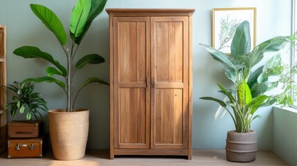 Wooden double-door wardrobe in a room with large potted plants, against a pale green wall.