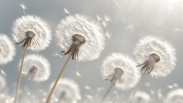Soft focus dandelion seed heads outdoors