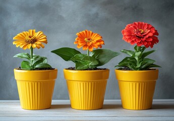 Brightly Colored Zinnia Flowers in Yellow Pots Against a Textured Gray Background for Floral Decor or Gardening Inspiration