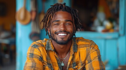 Fototapeta premium A young man with long, dark hair styled in braids smiles confidently while sitting against a teal background.
