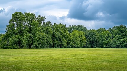 Obraz premium Green field with lush trees and cloudy sky background