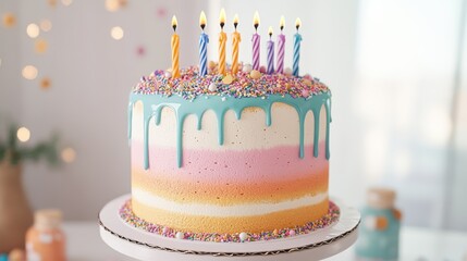 Colorful birthday cake with bright candles and sprinkles perfect for celebrating special moments and joyous occasions