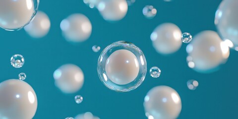 Obraz premium Floating pearl stones with a milky sheen on a deep ocean blue background