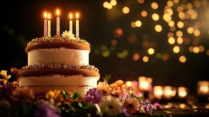 Gorgeous tiered birthday cake with colorful candles ready to brighten up any party and create memorable celebration moments