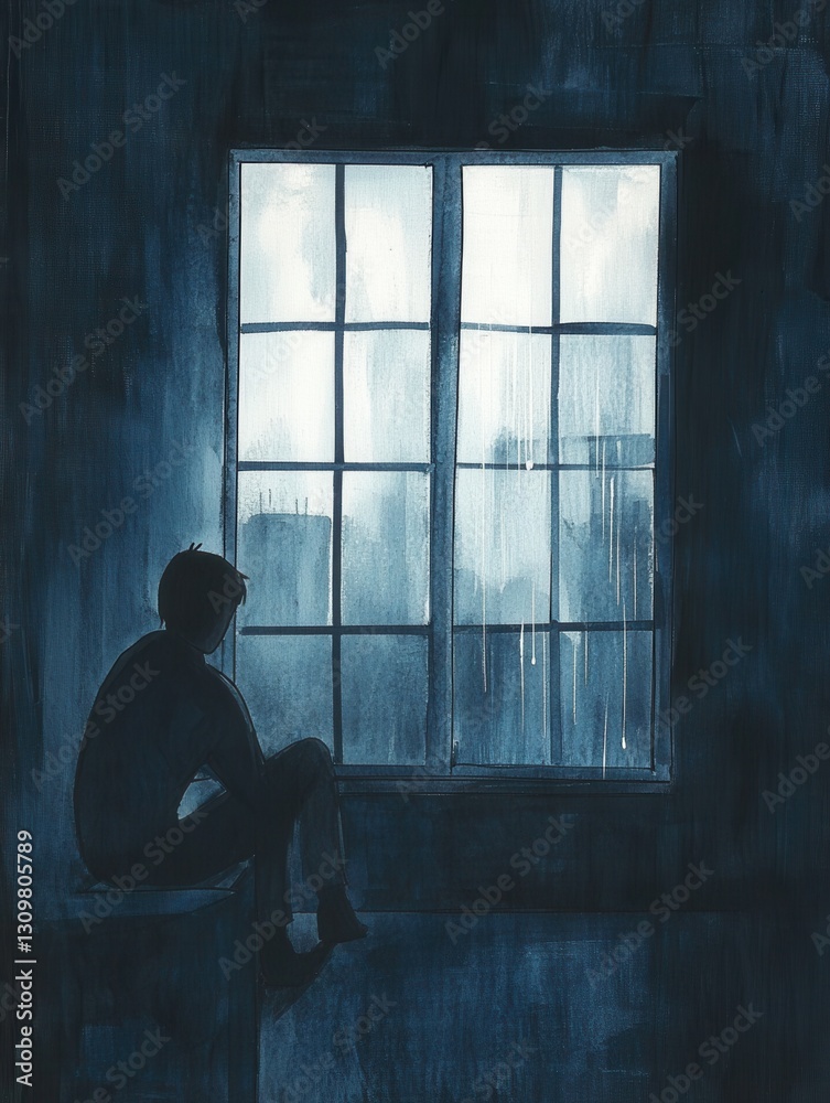 Poster lonely person gazes out a rainy window in moody lighting, surrounded by deep blues and grays while l