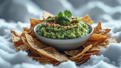 Guacamole with Tortilla Chips Surrounded by Snowy White Background in Cozy Indoor Setting