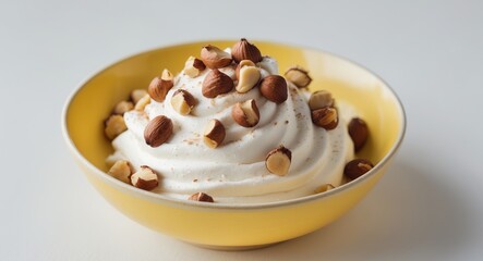 Whipped Cream Dessert with Hazelnuts in a Yellow Bowl