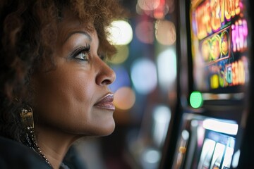 Fototapeta premium Woman watches brightly lit slot machine closely.