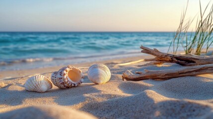 Obraz premium A beach scene with shells and driftwood