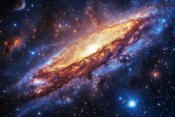 Fototapeta premium A Majestic Spiral: Unveiling a Galaxy's Fiery Core and Dazzling Star Formation Regions Within a Cosmic Sea of Nebula and Stellar Radiance, Captivating the Infinite.