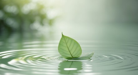 Green leaf floating on water with another green leaf resting on top in a natural setting.