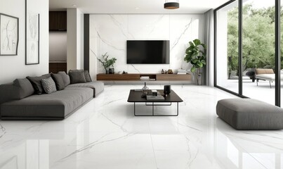 Modern living room with white marble flooring and gray sofa.