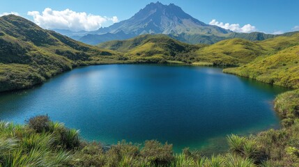 Fototapeta premium Serene alpine lake nestled in volcanic landscape